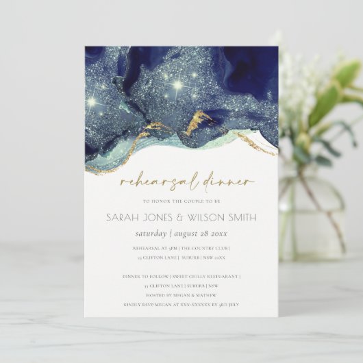 Fluid Gold Navy Glitzer Probe Einladung (Stehend Vorderseite)