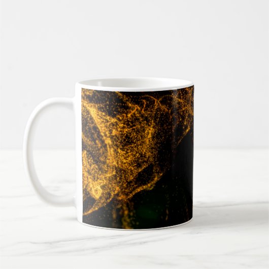 Fluide goldene Farbpartikel, die schön mit Kaffeetasse (Links)