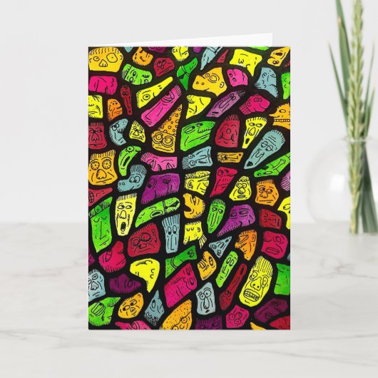 Fluorescent Cartoon Weird Faces Drawing Card Karte (Vorderseite)