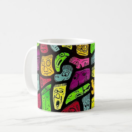 Fluorescent Cartoon Weird Faces Drawing Kaffeetasse (Vorderseite Links)