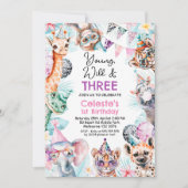 Fluorescent Pink Young Wild Three Safari Birthday Einladung (Vorderseite)