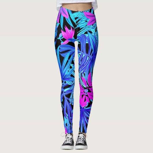 Fluoreszierende tropische Palmen Blätter Leggings (Vorderseite)