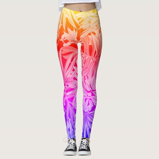Fluoreszierende tropische Palmen Blätter Leggings (Vorderseite)
