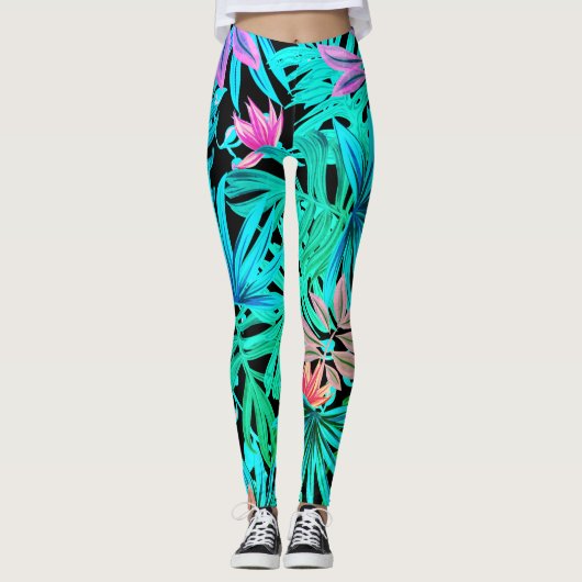 Fluoreszierende tropische Palmen Blätter Leggings (Vorderseite)