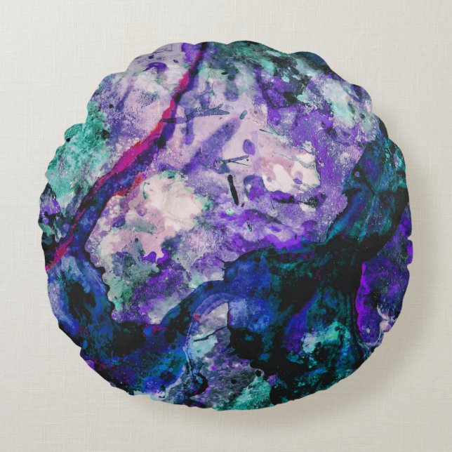 Fluorite Crystal Geode Marble Abstrakt Rundes Kissen (Vorderseite)
