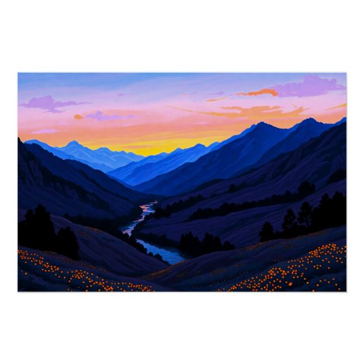 Fluss bei Berghügel am Sonnenuntergangs Abend Poster (Vorderseite)