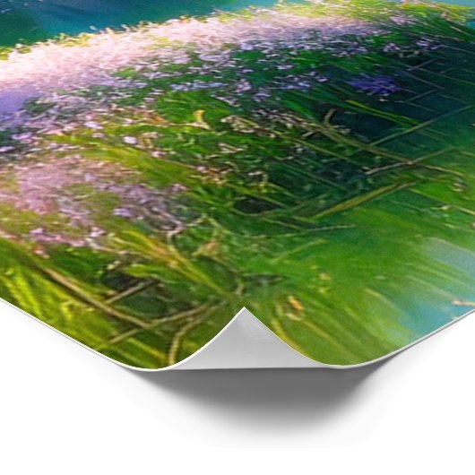 Fluss, Blume und bewölkte Berge Poster (Ecke)