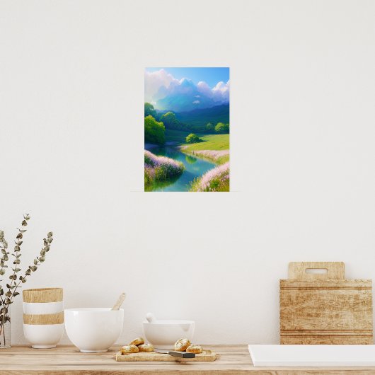 Fluss, Blume und bewölkte Berge Poster (Küche)