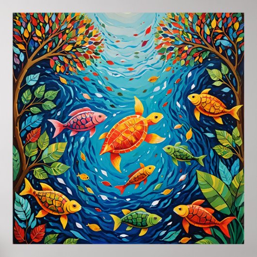 Fluss des Lebens - Weiße Kunst mit Fisch, Vögeln u Poster (Vorne)