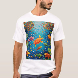 Fluss des Lebens - Weiße Kunst mit Fisch, Vögeln u T-Shirt