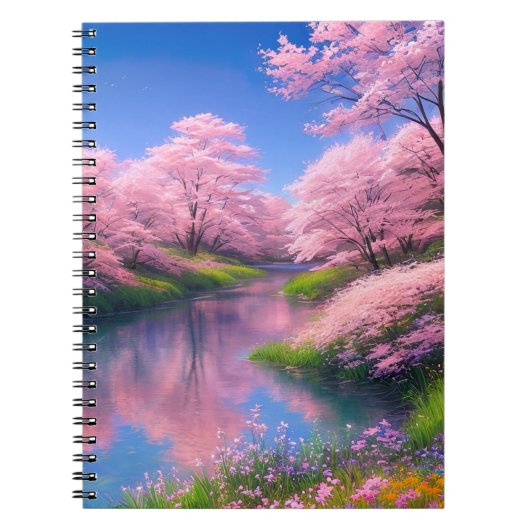 Fluss Embracet durch Sakura Trees Charm Notizblock (Vorderseite)