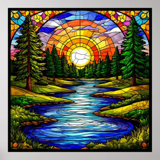 Fluss in einem Wald bei Sonnenuntergang Poster (Vorne)