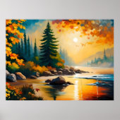 Fluss Malerei felsigen Kiefernwald Herbstnachmitta Poster (Vorne)