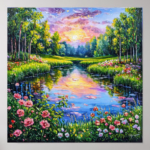 Fluss mit blühenden Blumen Landschaftskunst 🌅🌸🌿 Poster