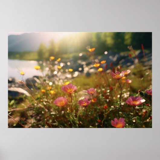 Fluss mit rosa und gelben Blumen Poster (Vorne)