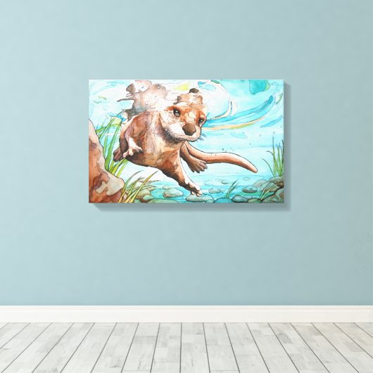 Fluss Otter Aquarellmalerei - Canvas Print Leinwanddruck (Insitu (Holzboden))