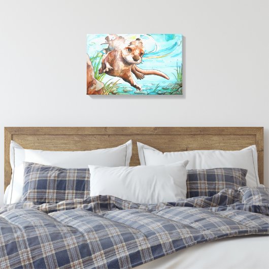 Fluss Otter Aquarellmalerei - Canvas Print Leinwanddruck (Insitu (Schlafzimmer))