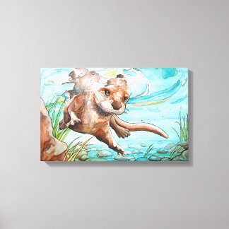 Fluss Otter Aquarellmalerei - Canvas Print Leinwanddruck