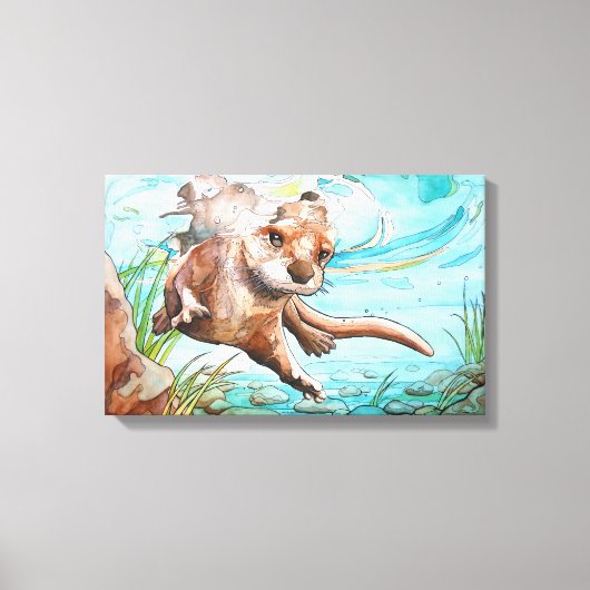 Fluss Otter Aquarellmalerei - Canvas Print Leinwanddruck (Vorderseite)