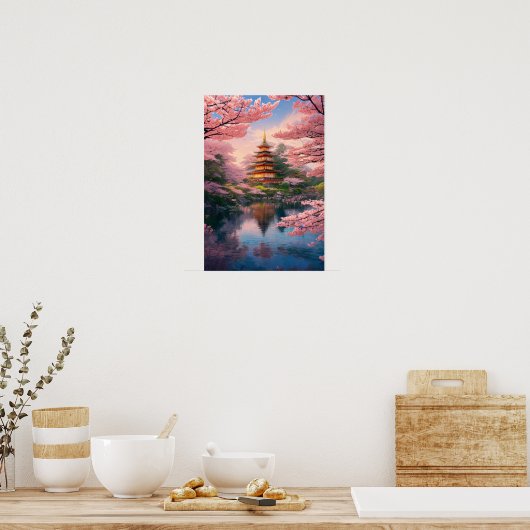 Fluss, Pagoda und Kirschblossom Poster (Küche)