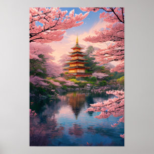 Fluss, Pagoda und Kirschblossom Poster