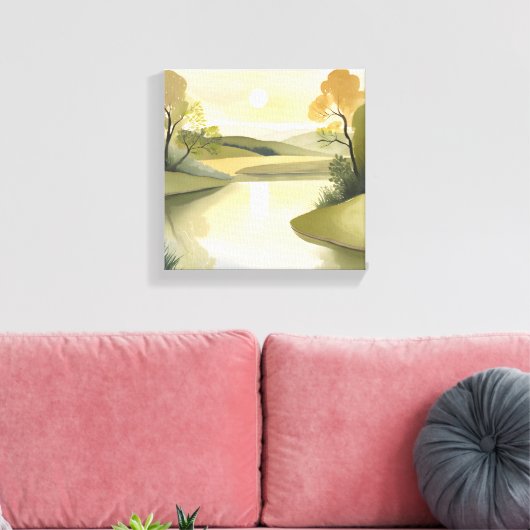 Fluss Sunrise | Aquarellgelb Leinwanddruck (Insitu (Wohnzimmer))