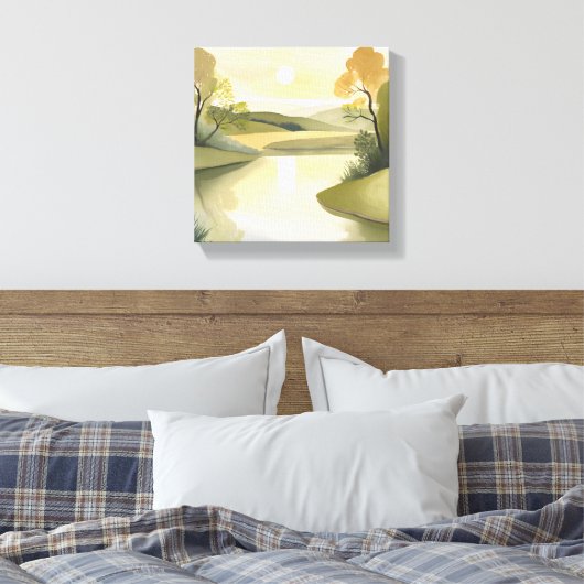 Fluss Sunrise | Aquarellgelb Leinwanddruck (Insitu (Schlafzimmer))