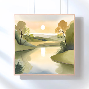 Fluss Sunrise Aquarellgelb Poster