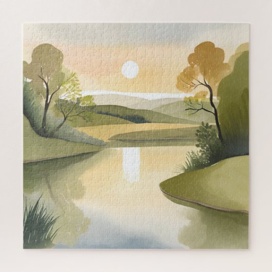 Fluss Sunrise | Aquarellgelb Puzzle (Vertikal)
