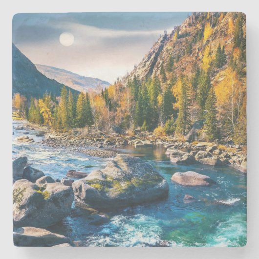 Fluss und Gebirge Landschaftliches Foto Steinuntersetzer (Vorderseite)