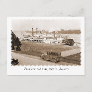 Flussboot und Auto, Amerikas 1930er Jahre Postkarte