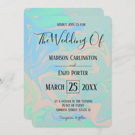 Flüssige Imitate holografische irisierende Textur Einladung (Vorne/Hinten)