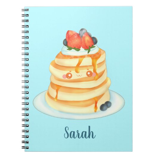 Flüssige Pfannkuchen mit Ahornsirup, Obst und Crem Notizblock (Vorderseite)