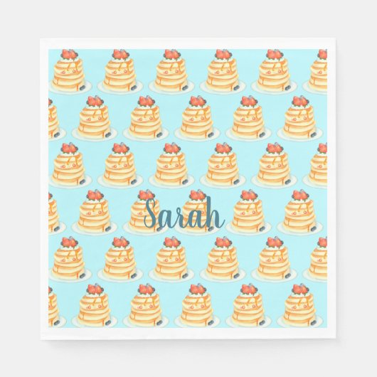 Flüssige Pfannkuchen mit Ahornsirup, Obst und Crem Serviette (Vorderseite)