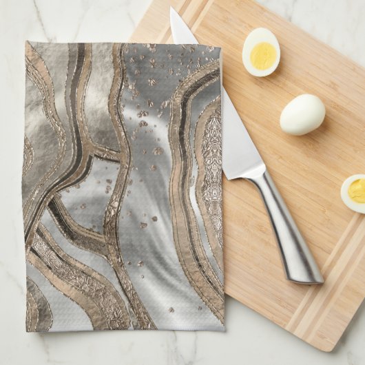 Flüssiger Marmor - Perle und Gold Geschirrtuch (Viertel Falte)
