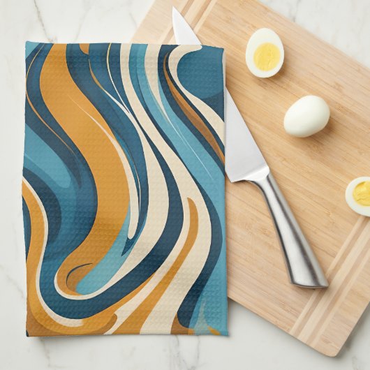 Flüssiger Swirl Ochre Blue Trippy Muster Geschirrtuch (Viertel Falte)