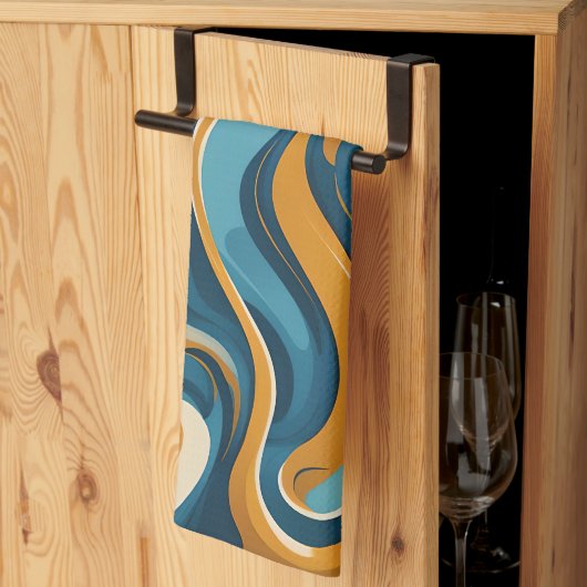 Flüssiger Swirl Ochre Blue Trippy Muster Geschirrtuch (Drittel gefaltet)