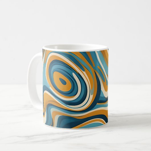 Flüssiger Swirl Ochre Blue Trippy Muster Kaffeetasse (Vorderseite Links)