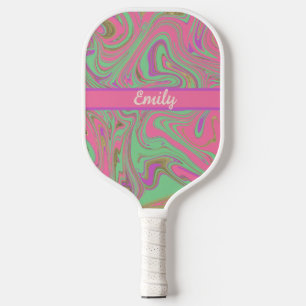 Flüssiges gemustertes rosa lila Skript Name Pickleball Schläger