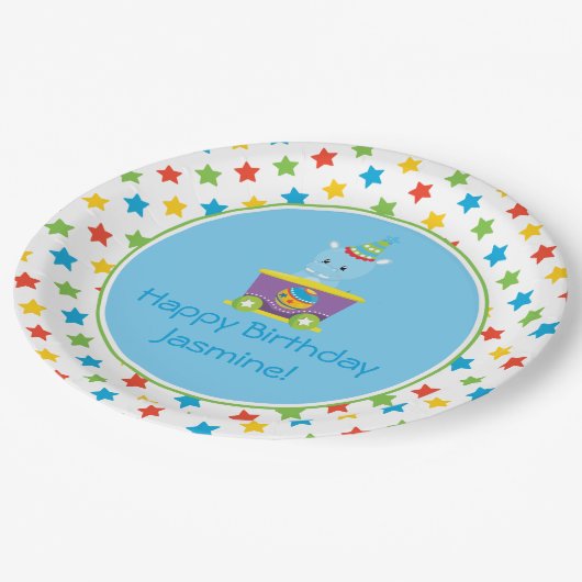 Flusspferd des Zirkus-Zug-| | personalisiert Pappteller (Schrägansicht)