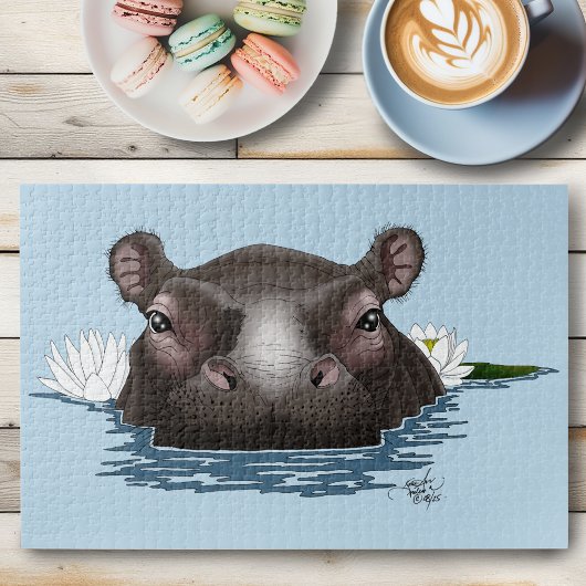 Flusspferd Weiße Lotusblume Blau Puzzle