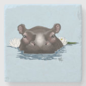Flusspferd Weiße Lotusblume Blau Steinuntersetzer (Vorderseite)