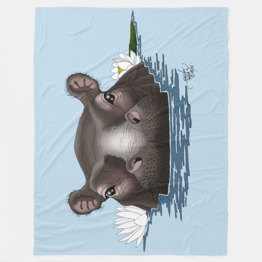 Flusspferd Weiße Lotusblüte Blau Fleecedecke (Vorderseite)