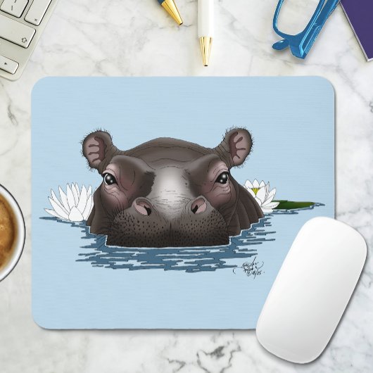 Flusspferd Weiße Lotusblüte Blau Mousepad