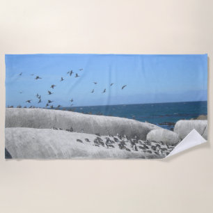 Flussstein-Strand-Pinguin-u. Vogel-Badetuch Strandtuch