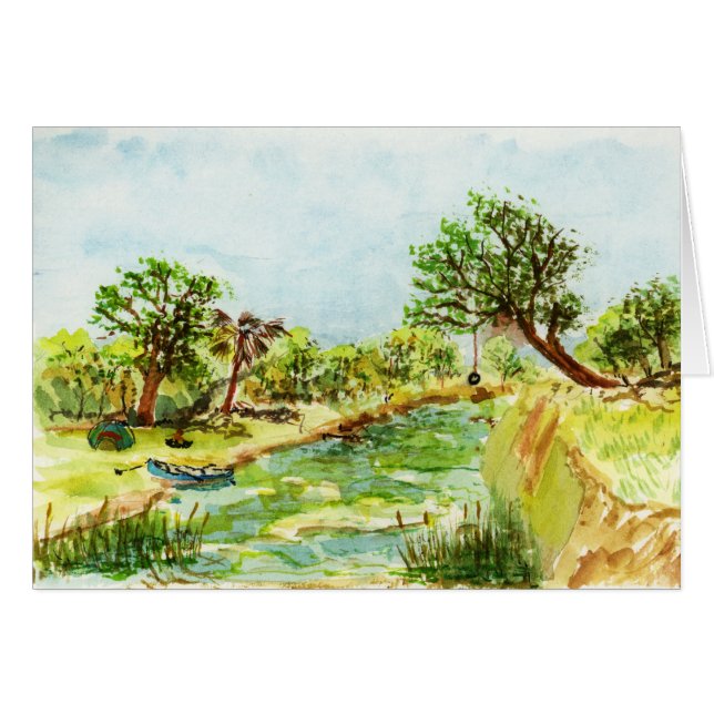 Flussufer-Campingplatz-Aquarell-Malerei (Vorderseite (Horizontal))