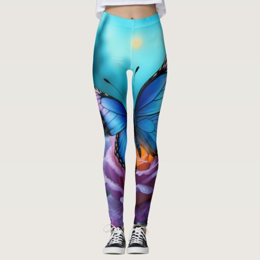 Flüstern der Garden Blue Butterfly & Mauve Rose Leggings (Vorderseite)