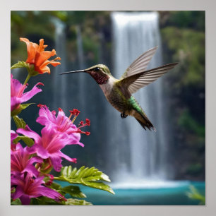 "Flüstern der Natur: Hummingbird, Wasserfall Poster