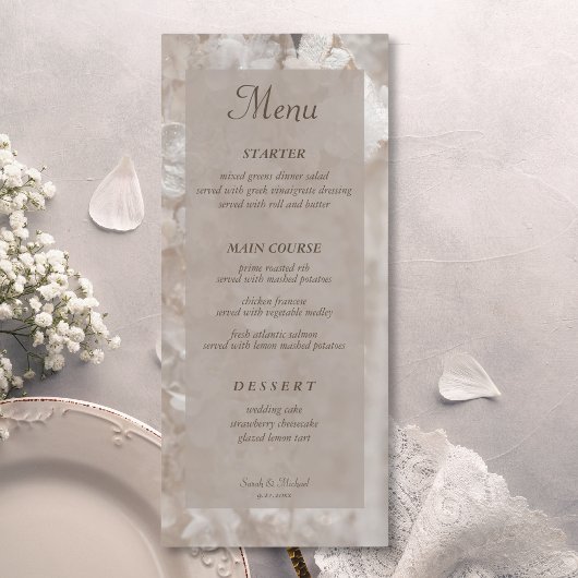 Flüstern der Vintagen romantischen Elfenbeinblume Menükarte