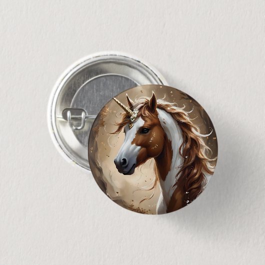 Flüstern des Braun- und Weißfantasy-Einhorns Button (Vorne & Hinten)